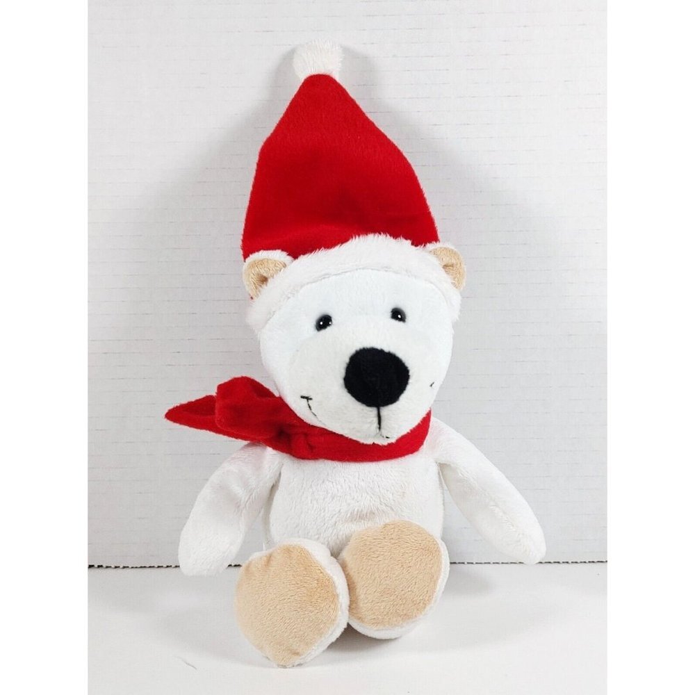 Kinder Christmas White 9" Polar Bear Plush Red Santa Hat Scarf Teddy XMAS